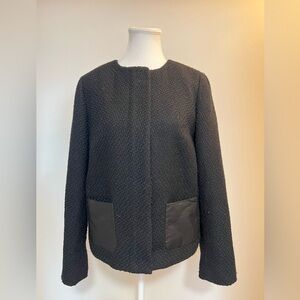 Talbots Black Textured Bouclé Jacket Faux Leather Pocket Trim Size 8